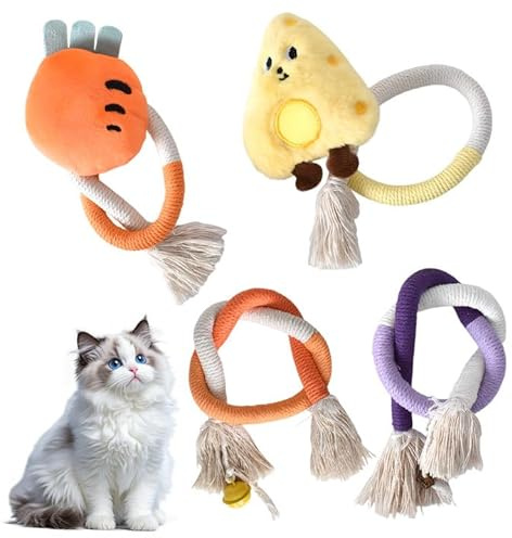 DEARBAG 4 Pezzi Corda da Dentizione Giocattolo Gatta, Giocattolo Interattivo per Gatti, Corda da Masticare, Gioco Gatto per Pulire Denti e Scaricare Lo Stress