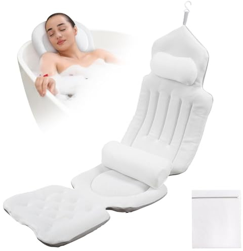 TOOSOAR Cuscino per Vvasca da Bagno,con Supporto lombare Staccabile e Sacco per la Biancheria,Accessori Spa per un Relax Confortevole,per Immergersi Nella Vasca da Bagno (Bianco)