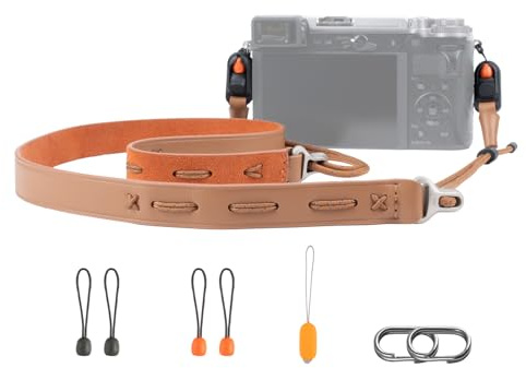 PGYTECH Cinturino per Fotocamera Slim Regolabile in Pelle con Sgancio Rapido 820-1360mm Leggero Retro per Fotocamere Mirrorless/Compatte/Instax/Digitali, Stile Vintage，Marrone Caramello