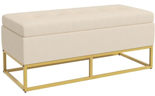 HOMCOM Panca Contenitore Rettangolare con Seduta Imbottita e Gambe in Acciaio, Pouf Poggiapiedi in Velluto per Camera da Letto e Soggiorno, 110x44x49 cm, Beige