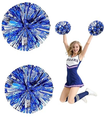 Fonyiunce 2 Pezzi Pom Poms Cheerleader, Pom Cheerleader Pom Pom con Manico, Metallico Cheerleading Pompons Pallina di Fiori per Riunione Sportiva, Stadio, Festa, Vacanze (Rosa Rossa, Argento) (Blu)