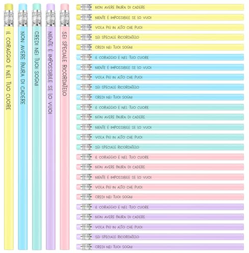 Hestya 30 Matite Motivazionali con Gommino – 5 Colori Diversi con Frasi Ispirazionali in Italiano, Durezza HB, Lapis per Scrittura e Disegno, Regalo per Compleanno, Eventi e Festa di Fine Anno