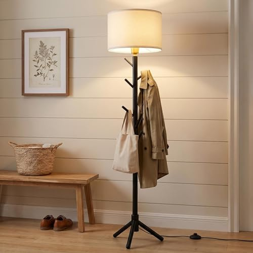 qzjijosen Floor Lamp Coat Stand, 2-In-1 Wooden Free standing Lamp Clothes Clothing Rack With 8 Hooks, Space-Saving Standard Lamp For Living Room Hallway & Small Flats