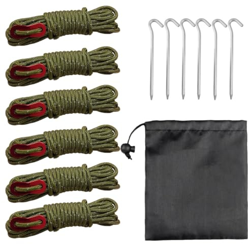 YSDINK Reflective Tent Guy Ropes, 6 Pack 4mm Guy Lines 4M/13FT with Tensioners, Durable Guide Cords with 6 PCS Tent Pegs for Outdoor Camping Accessories, Hiking, Awning, Windproof Gear (Army Green)