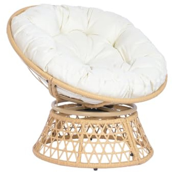 Alexandra House Living Sillon Ratan Sintetico Hierro 90x80x82 Giratorio, Marron Claro Blanco