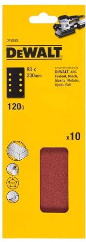 Dewalt Schleifpapier DT8592 (für Vibrationsschleifer, 93 x 230 mm, K120, gelocht, für alle Grund-, Zwischen und Endschliffanwendungen auf Holz Farben u. Lacke) 10 St.