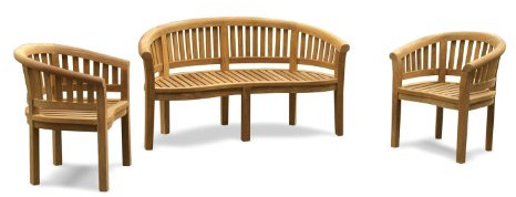 Jati 5-Seater Teak Garden Bench and Chairs Set - Wimbledon 1.59m Banana Bench | 2x Apollo Banana Tub Chairs | Delivered Ready-Assembled