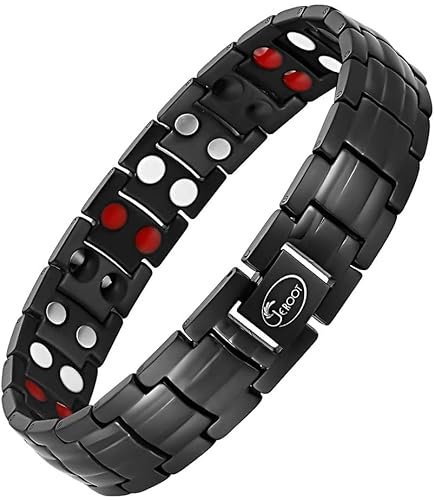 JEROOT Bracelet magnétique pour hommes, Bracelets en titane noir 4 éléments Bracelet magnétique double rangée Bracelet énergétique avec pliage de haute qualité