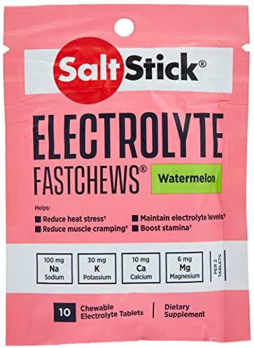 SaltStick Fastchews Watermelon Zip Pack 10 Electrolyte Chewable Tablets with Salt, Minerals (Sodium, Potassium, Calcium, Magnesium) and Carbohydrates, 33g