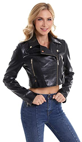 DIASHINY Cropped Leather Jacket Women Moto Biker Motorcycle Coat BK L