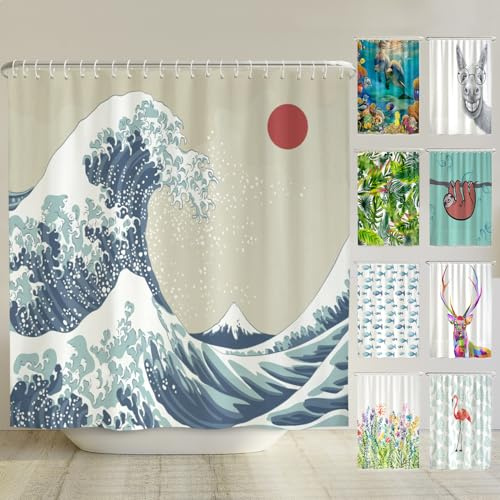 arteneur® - Japan Welle - Anti-Schimmel Duschvorhang 240x200 - Recycelt mit Öko-Tex Standard 100 - Beschwerter Saum, Blickdicht, Wasserdicht, Waschbar, 16 Ringe & E-Book