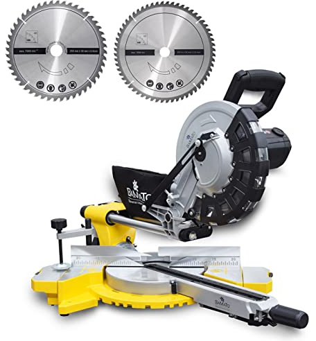 BAMATO Zug- Kapp- und Gehrungssäge KP-255 | inkl. 2 x HM-Sägeblatt 255mm mit 48/60 Zähnen | 2000W Leistung | 90mm Schitthöhe | Ideal für Werkstatt Heimwerker Kappsäge