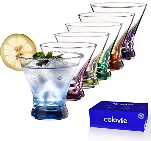 ColoVie Martini Glasses Set of 6 - Cocktail Glasses - 8oz Stemless Margarita, Bar, Dessert Glass - Colored Liquor Drinking Glassware - Cosmo, Manhattan, Espresso Martini - Cocktail Party Gift for Her