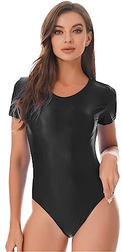 Doomiva Damen Öl Body Glänzende Bodysuit Kurzarm Ballett Trikot Gymnastik Tanz-Body Frauen Fitness Yoga Sportbody Slim Fit Unterhemd Overall Schwarz M