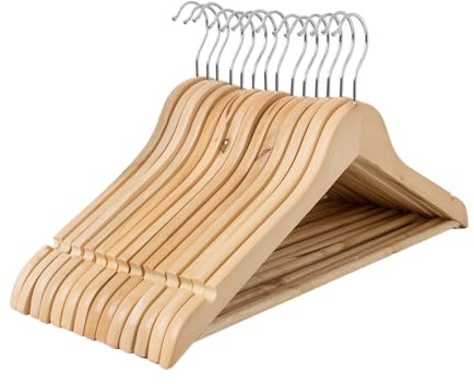 BARGAIN FACTORY Hangers - Strong Natural Wooden Coat 360 Degree Rotatory Hook - Round Trouser Bar & Shoulder Notches - Durable – Cost- effective - Coat, Jacket, Suit, Jumper Space Saver (Packof20)
