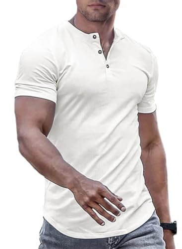 JMIERR Men's Muscle Slim Fit Button Henley Shirts Summer Crewneck Short Sleeve Longline Fitted T-Shirt Gym Workout Athletic Tees Shirt for Men, M, White