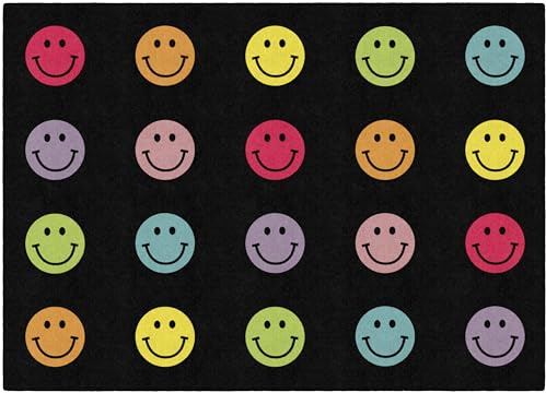 Flagship Carpets Rainbow Smileys in Black Criss-Cross Applesauce Educational Area Rug for Kids Room, Children's Classroom for Teaching and Playroom, 5' x 7'6, Black & Multi, Seats 20