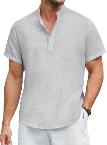 Enlision Leinenhemd Herren Kurzarm Hellgrau Sommer Hemd Leichtes Freizeithemden für Männer Ohne Kragen Hemden Henley Shirt Herren Regular Fit XL