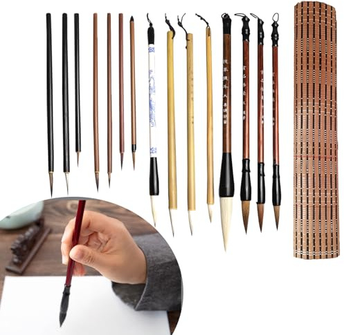 CDIYTOOL Lot de 15 Pinceaux de Calligraphie Chinoise Kanji en Poils de Loup Mixtes pour Art Japonais, Dessin Aquarelle et Encre Chinoise avec Sac
