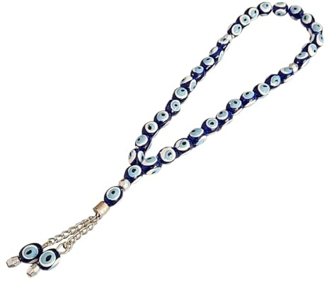 MYSTIC JEWELS - Tespih Tasbih Misbaha Rosario - 33 pärlor - Nazar Boncuk - Turkiskt blått öga, Hårdtenn