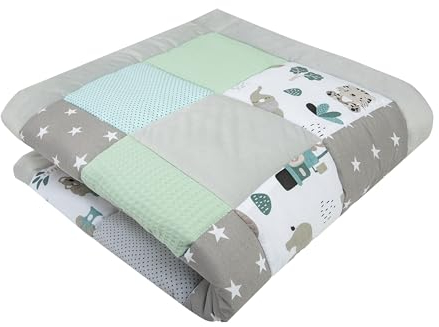 Medi Partners Krabbeldecke für Baby Spielmatte 100% Baumwolle Krabbelmatte - 100x100cm Krabbeldeck Dick Weich Decke Laufgittereinlage Babydecke Minky Waffel Spielbogen (Mint Zoo)
