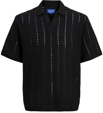 JACK & JONES Maglione Polo a Maniche Corte con Scollo a V Uomo., Colore:Nero, Size:L