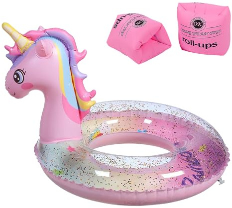 JSTHHTT Bouée Licorne pour Enfants, Flotteur de Piscine Gonflable avec Paillettes, Anneau de Natation avec 1 Paires Brassards de Natation Gonflables, pour Bouée D'été Eau Jouet