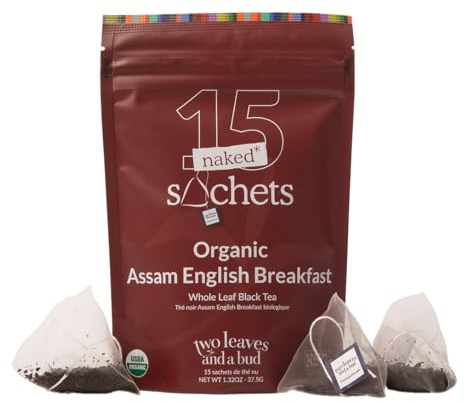 Two Leaves and a Bud Organic Assam English Breakfast, Whole Leaf Black Tea in Eco-Friendly Unwrapped Compostable Sachets, Resealable Bag, 15 Sachets (Pack of 1)