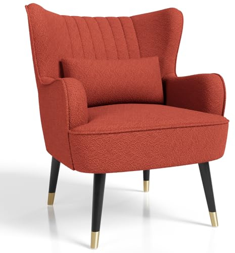 Vesgantti Teddy Fleece Accent Chair with Lumbar Pillow, Modern Wing Back Armchair Lounge Chair, Large Cuddle Chair for Living Room Bedroom Study Room Office(Orange Red)