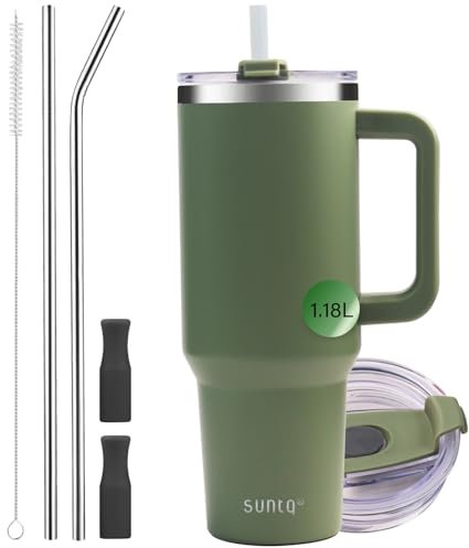 SUNTQ 1180ml/40oz Tumbler mit Griff, Doppelwandige Vakuum Isolierte Wasserflasche mit Stroh und Deckel, Edelstahl Reise Kaffeebecher, Thermische Tasse für Getränke, Fit in Becherhalter(Moss)