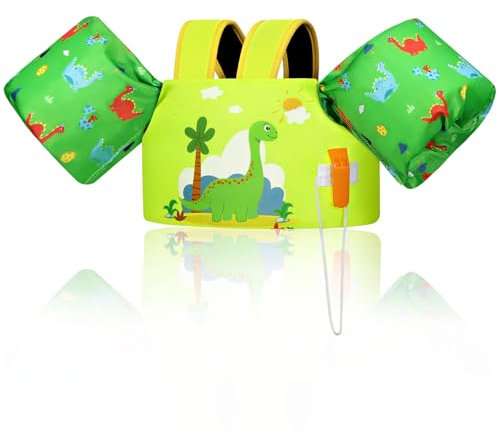 MoKo Kinder Schwimmflügel, Cartoon Schwimmende Badeanzug Schwimmjacke, Schwimmtraining Jacke Schwimmflügel mit Schnalle für Jungen Mädchen 9 bis 22,6 kg, Gelblich Grüner Dinosaurier