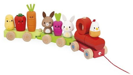 Janod - Wooden Pull-along Train - Farm Theme - 3 Wagons and 19 Pieces - Pull-along toy - FSC wood and water-based paint - Fine motor skills - From 12 months, J03314