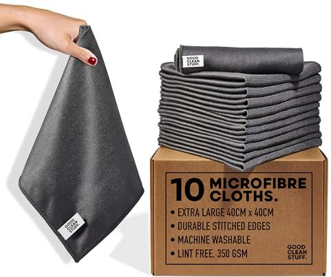 Good Clean Stuff. 10 Large Microfibre Cleaning Cloths, All-Purpose Surface Microfibre Towel, 40 x 40 cm Streak Free Reusable Cloth for Kitchen, Glass, House, Bathrooms, Pack of 10,