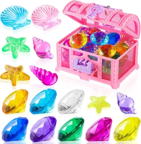 Amyang 28 Pcs Colorful Diving Gem Pool Toys Set with Treasure Pirate Box Swimming Underwater Toy for Pool Use Treasures Sets (Multicolor 30-40mm)