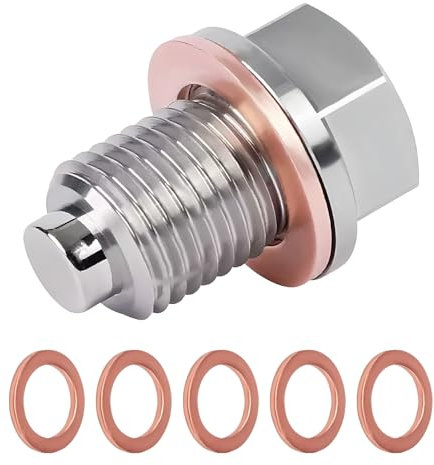 Magnetic Oil Drain Plug M14 x 1.5, Universal Stainless Steel Sump Drain Nut Bolt with 5 Copper Crush Washers Replacement Oil Plug for Honda Ford Hyundai Mazda Cars Boats Motorcycles