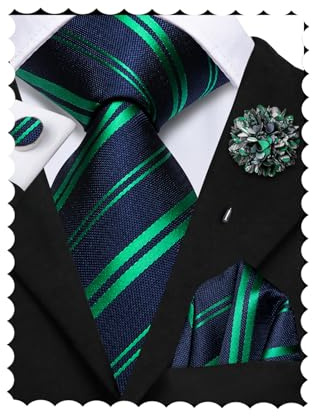 Hi-Tie Navy Green Mens Tie Set Silk Striped Ties for Men Dress Necktie and Pocket Square Cufflink Lapel Pin for Busienss