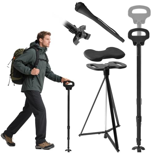 DENMOSTY Höhenverstellbarer Gehstock mit Sitz, Klappbarer Sitzstock 150 kg mit Kissen für Erwachsene & Senioren, Tragbar Spazierstock Stock Wanderstock mit Sitz Faltbar Gehstocksitz Outdoor Reisen