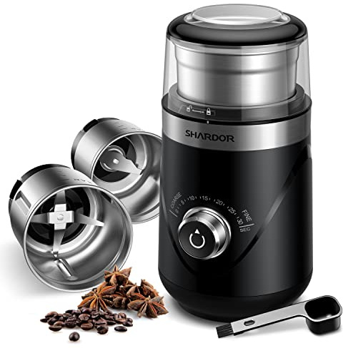 SHARDOR KaffeemüHle Elektrisch Mit 2 Edelstahltassen GewüRzmühle, Automatischer Timer, Coffee Grinder Für Kaffeebohnen, GewüRzen, Getreide, NüSsen Verwendet Werden, 2 * 80 G