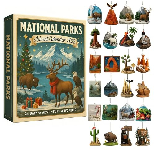 Calendrier de l'Avent 2025 avec décorations de collection des parcs nationaux américains, calendrier de l'Avent 24 jours avec compte à rebours surprise de 24 jours (vert)