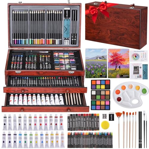 MAMIZO Set di 202 pezzi per bambini, valigetta da pittura deluxe con pastello, valigetta da disegno, set da pittura con pastelli a cera, cavalletto, matite ad acquerello, colori pastello, tavolozza di