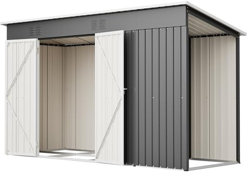 Thanaddo Metall Gerätehaus Gartenhaus mit Holzunterstand, Geräteschuppen mit Pultdach, wetterfest Gartenschuppen Inkl. Lüftungsgitter, Metallfundament (ohne Boden) für Outdoor Garten Terrasse, Grau