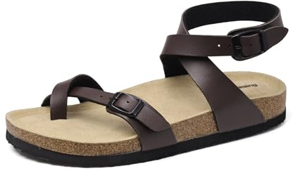 Mesing Sandales Tongs Femme Été Plates en Liège Mules avec Boucle Bride de Cheville Nu-pieds Confortable Cuir Suédé Pantoufles
