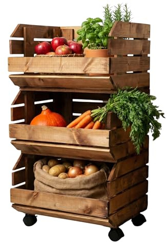GoodFreshDecor Scaffale Frutta e Verdura Portafrutta Con Ruote Carello 3 Livelli 37 x 30 x 73 cm Marrone