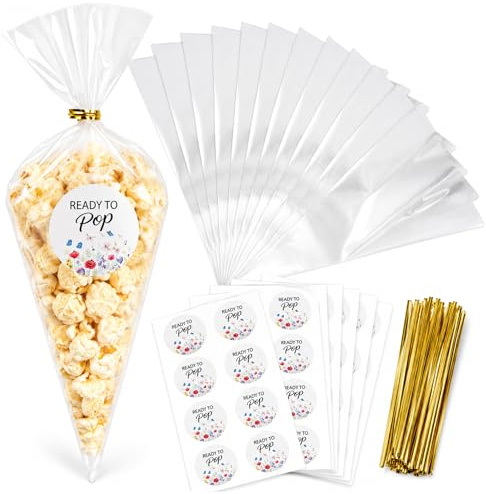 HgaftnK 50 Pcs Baby Shower Favours for Guests Ready to Pop Popcorn Cone Bags Set, Cellophane Treat Bags with Floral Stickers and Gold Ties, for Guests Gender Reveal Party Decorations
