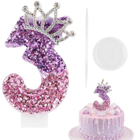 Vela de cumpleaños lila número 3 con decoración de corona, vela brillante para pastel de adultos, accesorio combinable para celebración de aniversario y fiesta de cumpleaños