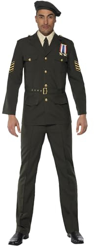 Smiffys Officier temps de guerre, vert, béret, cravate, pantalon, ceinture et veste Halloween