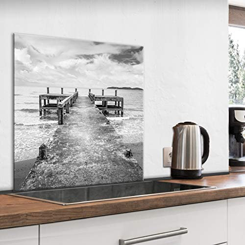 murando Spritzschutz Glas für Küche 80x80 cm Küchenrückwand Küchenspritzschutz Fliesenschutz Glasbild Dekoglas Küchenspiegel Glasrückwand Landschaft Meer schwarz weiß -