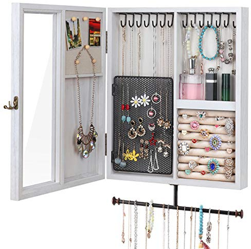 Keebofly Wall Mounted Jewelry Organizer With Rustic Wood Large Space Jewelry Cabinet, Holder, Storage Box for Necklaces, Earrings, Bracelets, Ring Holder, and Accessories White