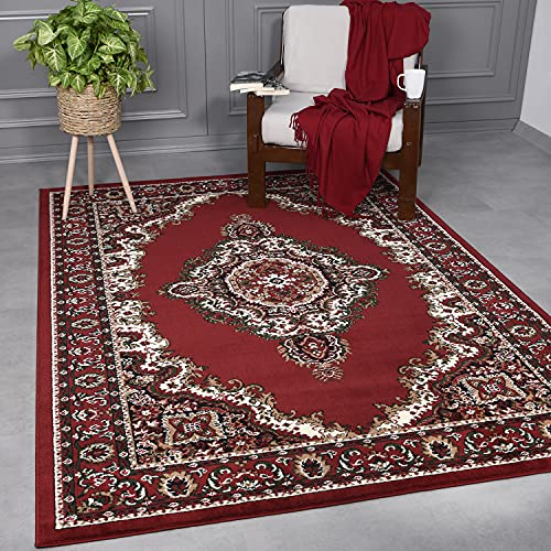 VIMODA Teppich Orientalisch Muster kurzflor Klassisch Wohnzimmer, Esszimer, Flur- Beige Rot, Maße:80x150 cm