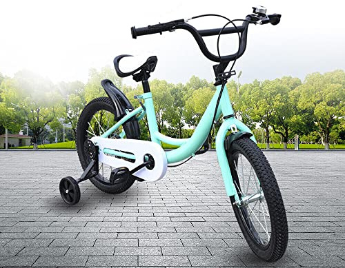 Bicicletta per bambini con stabilizzatori in acciaio al carbonio da 16 inch, adatta per bici ammortizzatori, adatta per mountain bike da 5 a 8 anni, per ragazzi e ragazze, sedile regolabile (verde)